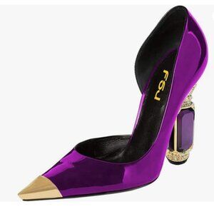 FSJ Purple Bridal Pointed Toe High Heel Crystal Pumps Slip on Wedding Thick Shoe